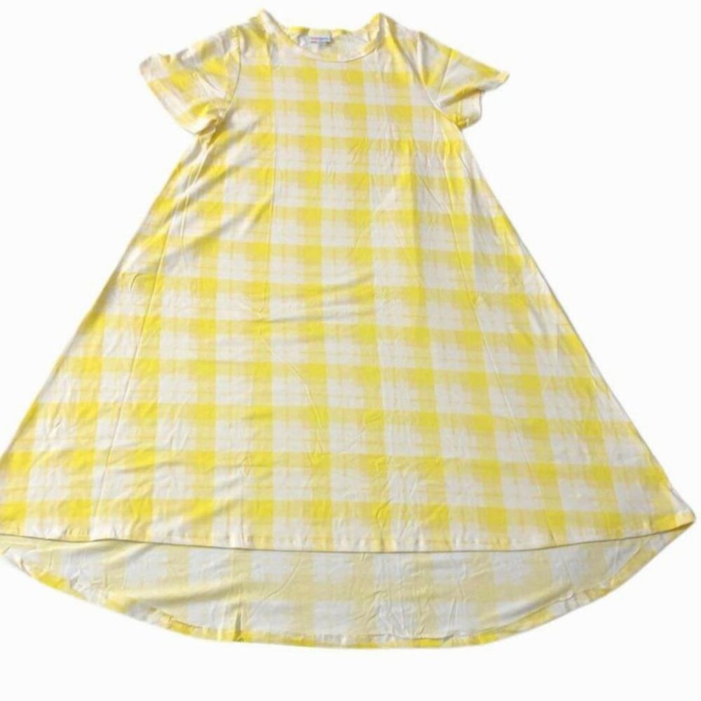 NEW MEDIUM LuLaRoe Carly Yellow White Check Plaid Swing Dress High Low Flowy